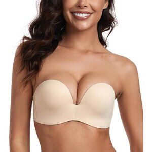 Women's Beige Strapless Bra Push Up Anti-slip Support Lift Up Wire-free Bra